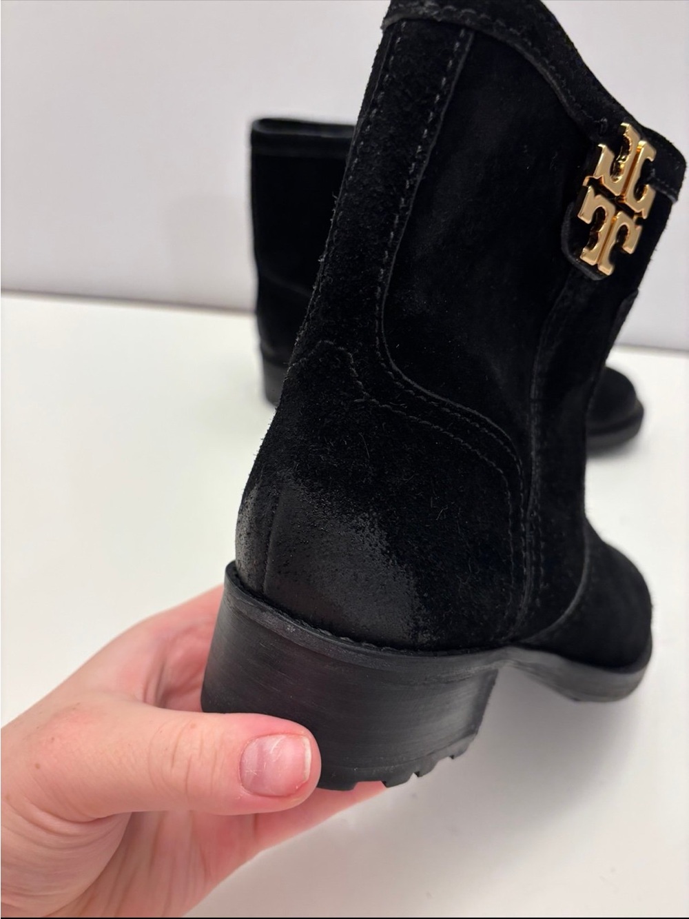 Tory Burch black suede Eloise flat booties with a prominent gold-tone metal logo - Picture 3 of 12